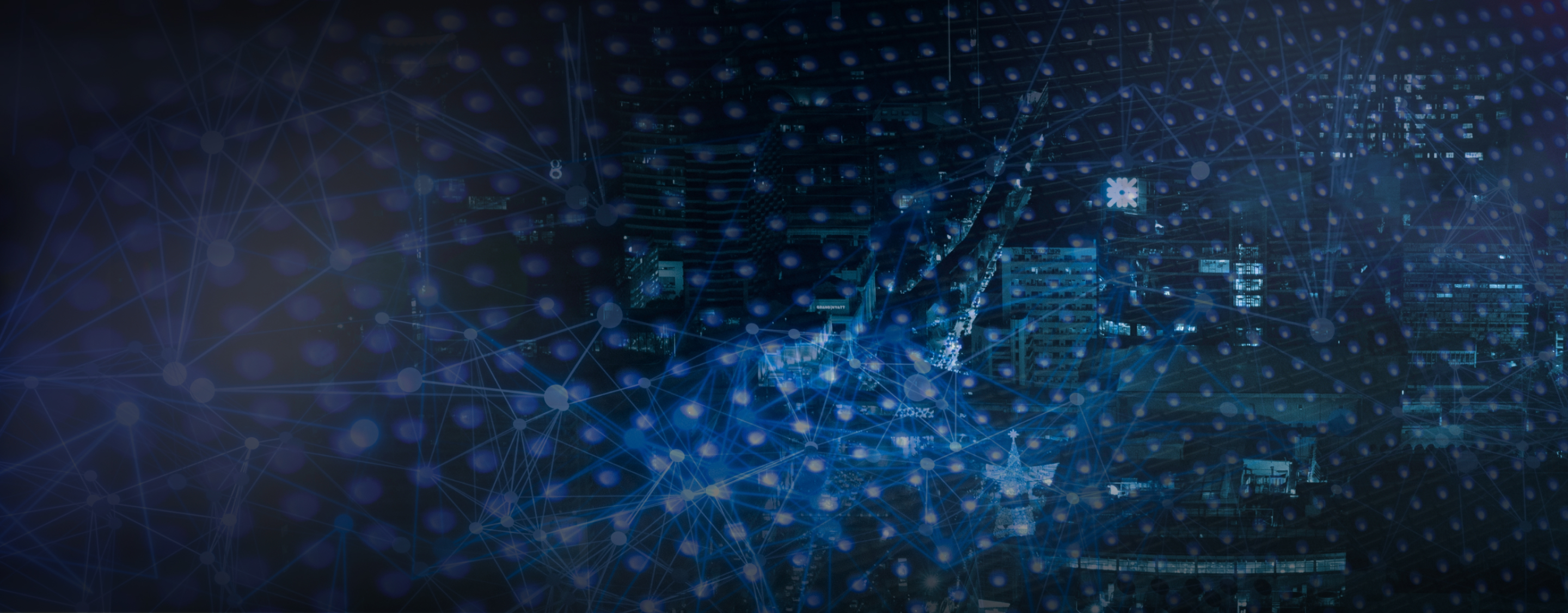 Cityscape at night blended with digital network lines, dots, and a dark blue overlay, representing technology resilience and connectivity.