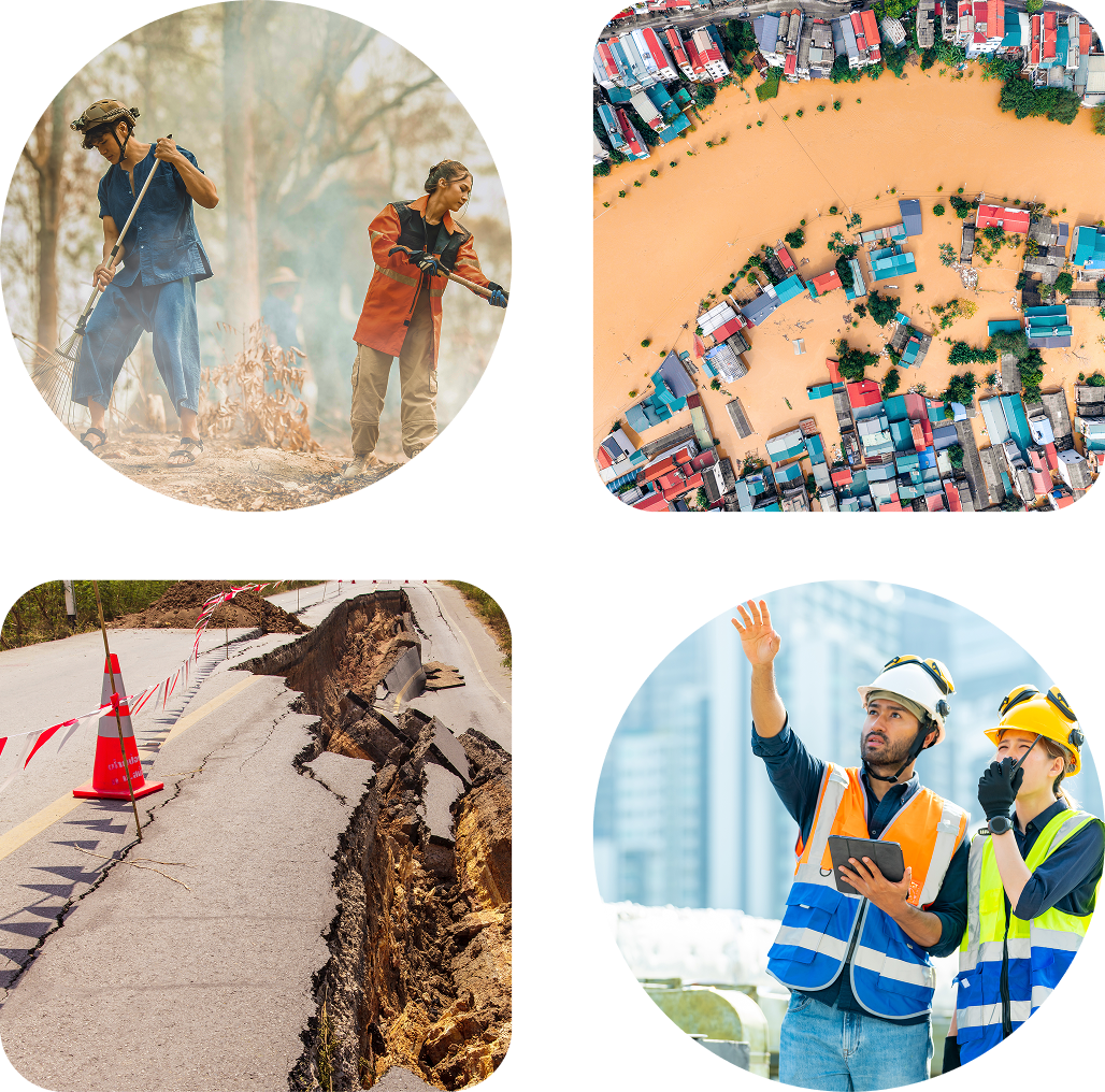 A collage of four images showing crises and emergency responses: two people clearing brush in a smoky forest, an aerial view of a flooded town, a road collapsed into a deep chasm and two emergency workers communicating at a site.