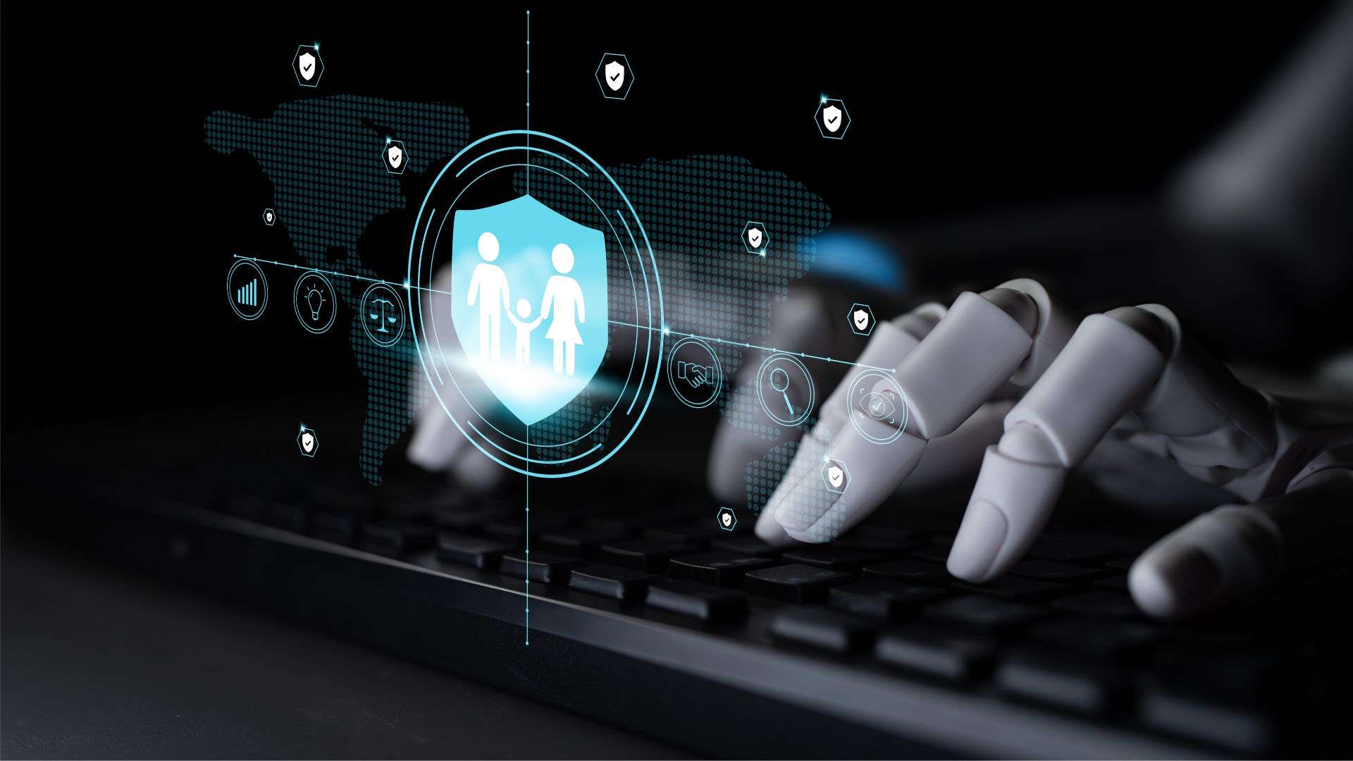A holographic image of parents and a child inside a shield icon, with a world map in the background and artificial hands typing on a keyboard