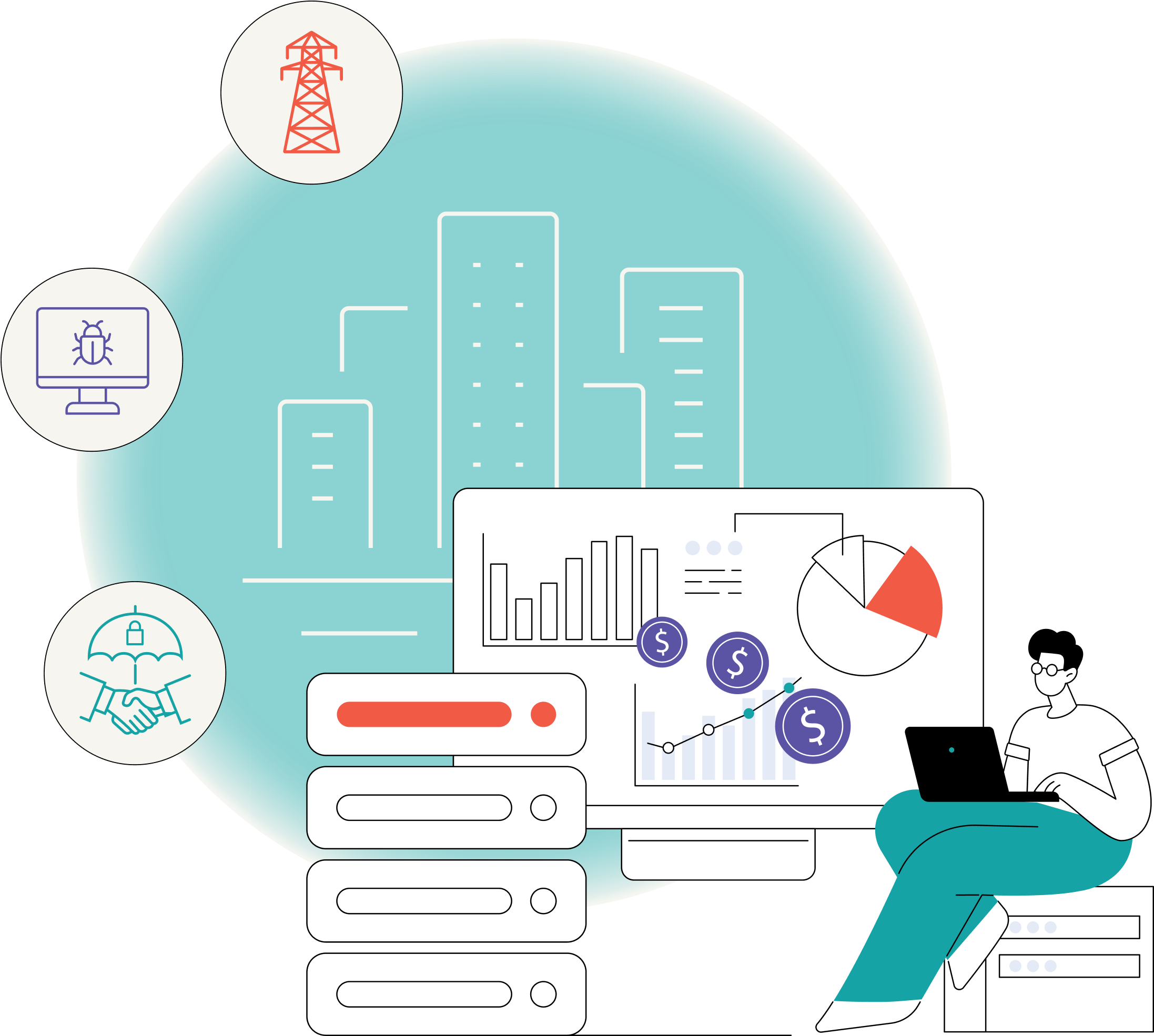 An illustrated investor guide cover with a person working on a laptop next to data dashboards showing bar and pie charts with dollar icons, server racks, a city skyline backdrop, and circular icons for power grids, computer security, and insurance.