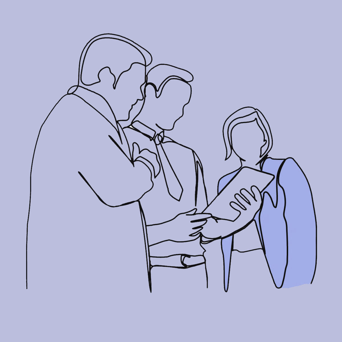 three people are looking at tablet