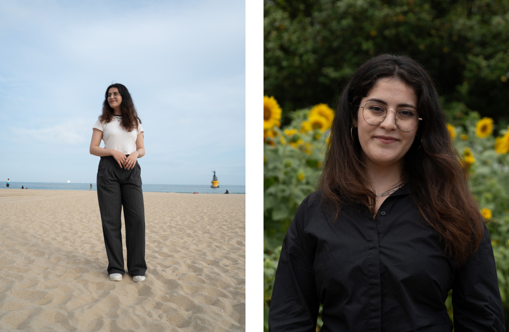 Nisa Nur Tas in the beach and against a background of sunflowers