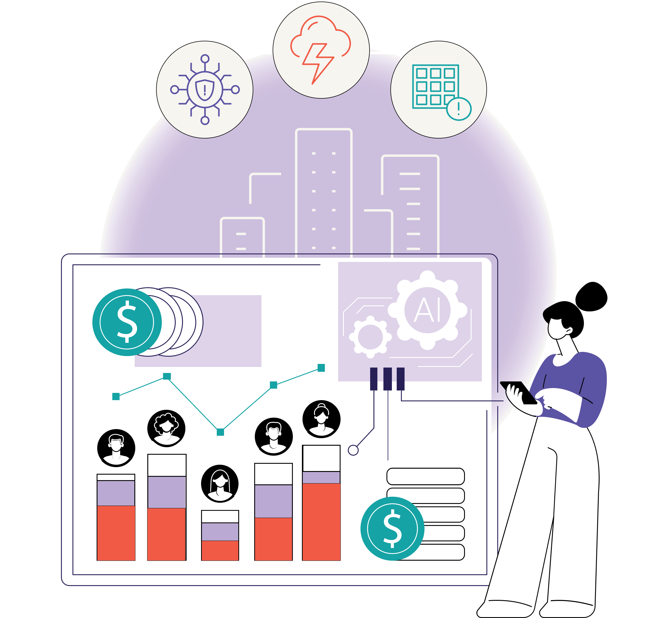 An illustrated tenant guide cover with a person beside an AI data dashboard with charts, dollar signs, user profiles, and a city skyline background with cybersecurity, cloud, and alert icons.