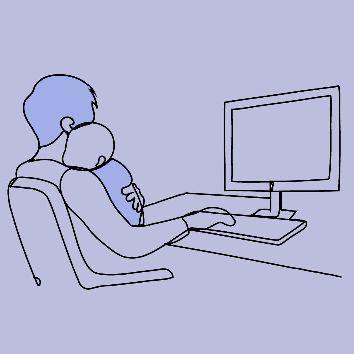 Parent is holding a kid and working at the PC