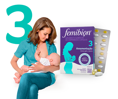 Pacote multivitamínico Femibion 3 e mãe vestindo jaqueta ciano amamentando seu bebê recém-nascido