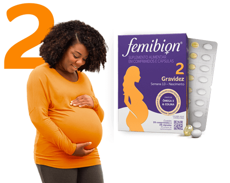 Pacote de multivitaminas Femibion 2 e mulheres grávidas brasileiras sentindo sua barriga