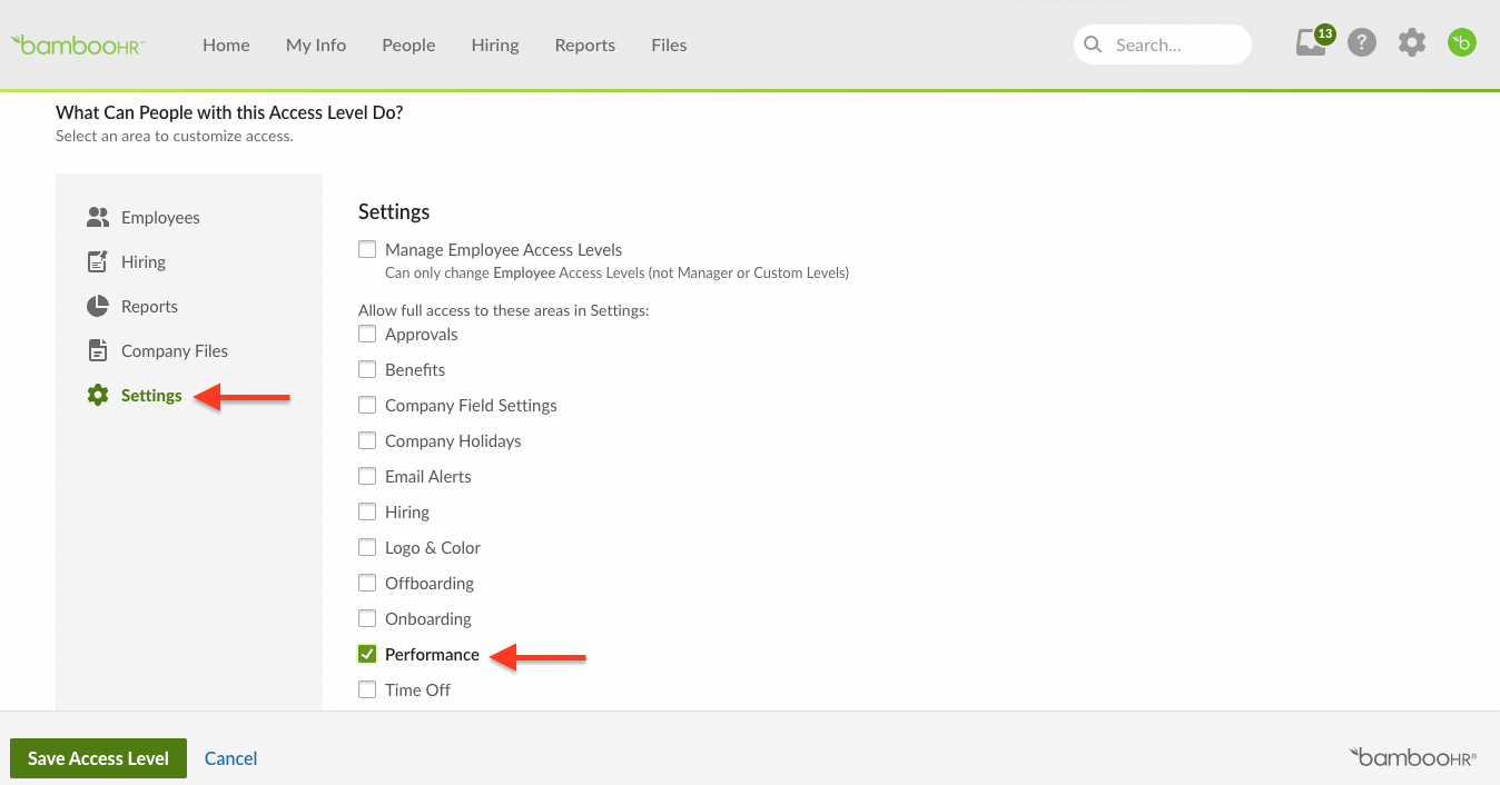 Performance Permission to Custom Access Levels