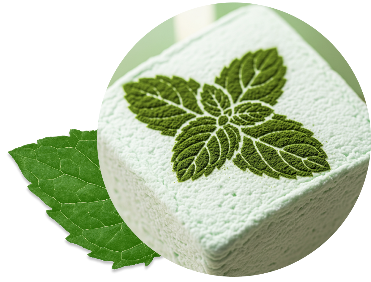 A matcha marshmallow with matcha dust used to create a stenciled spearmint sprig design.
