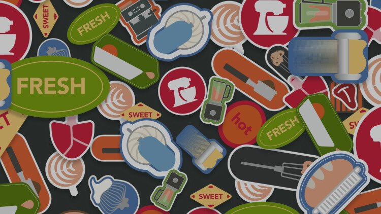 Decorative border of sticker-style kitchen appliance and food icons on a dark background