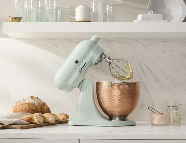 The blossom KitchenAid® Stand Mixer with hammered copper bowl.