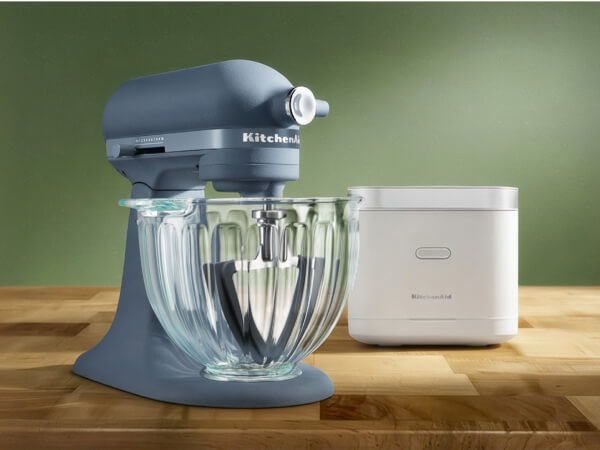 A blue stand mixer and a white grain and rice cooker
