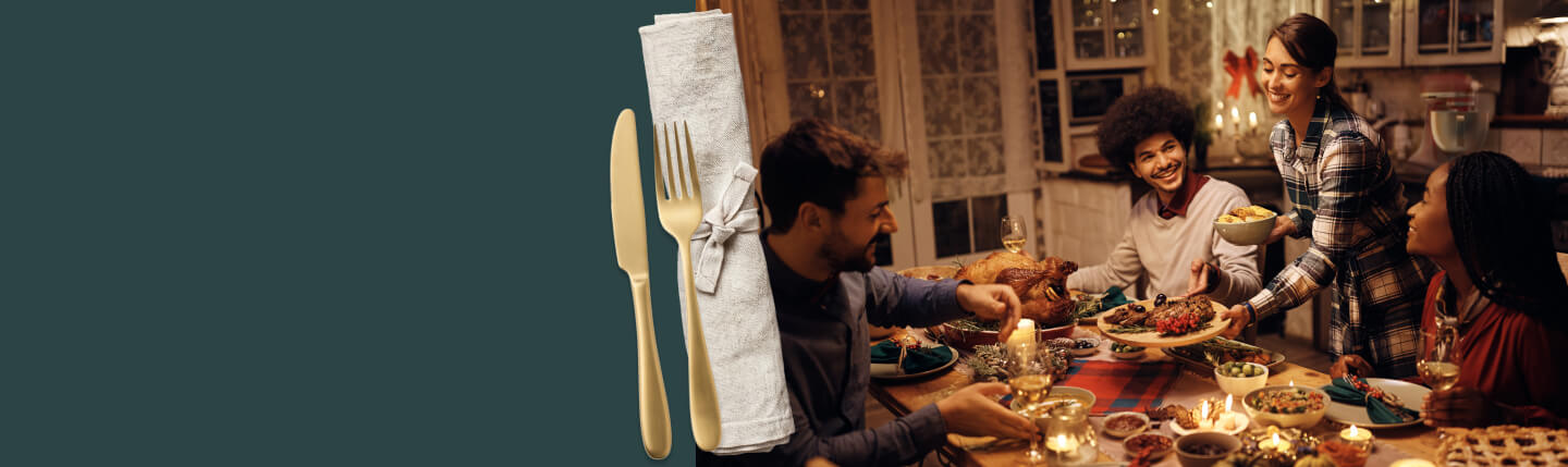 Group of friends gathered around a candlelit dinner table, with a gold napkin, fork, and knife graphic on the left