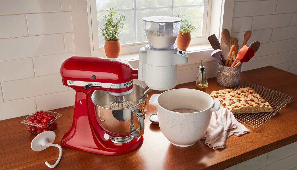 Passion Red KitchenAid® Stand Mixer with the Sifter with Scale Attachment by a Bread Bowl