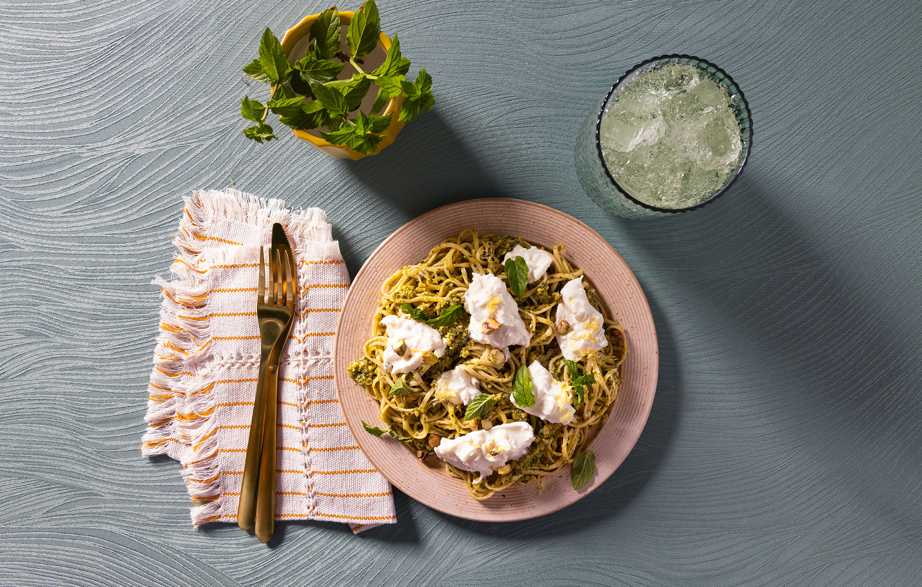 Spaghetti with Mint Pesto and Burrata
