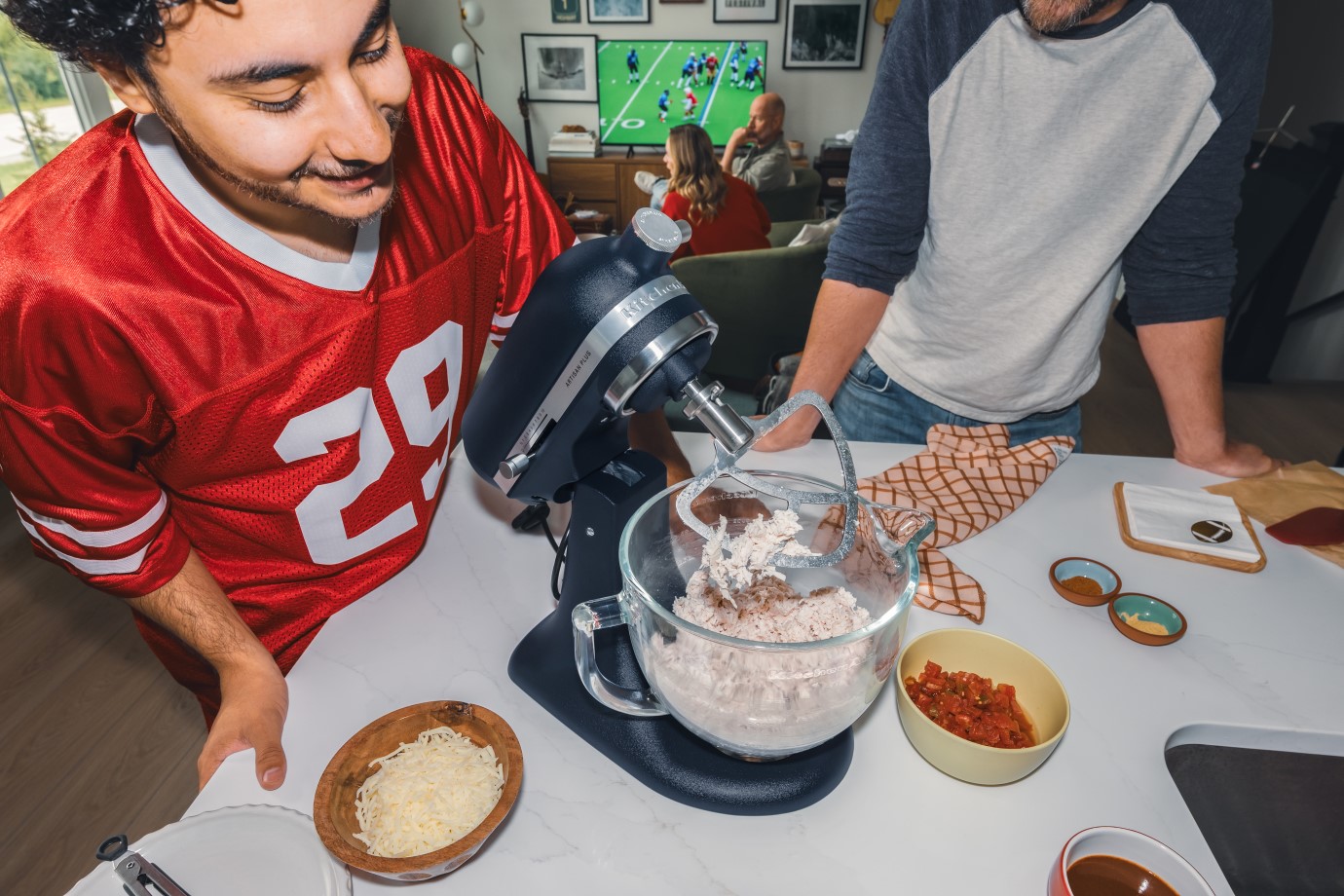 Stand Mixer Shredding Chicken for Enchilada Dip for Game Day