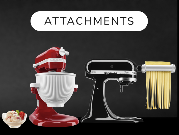 Two KitchenAid® stand mixers with a bowl of ice cream and pasta press attachment