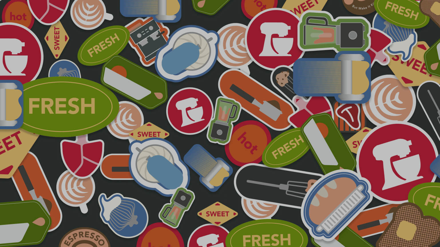 Decorative border of sticker-style kitchen appliance and food icons on a dark background