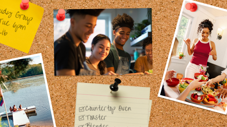A corkboard pinned with shopping lists and photos of friends cooking together