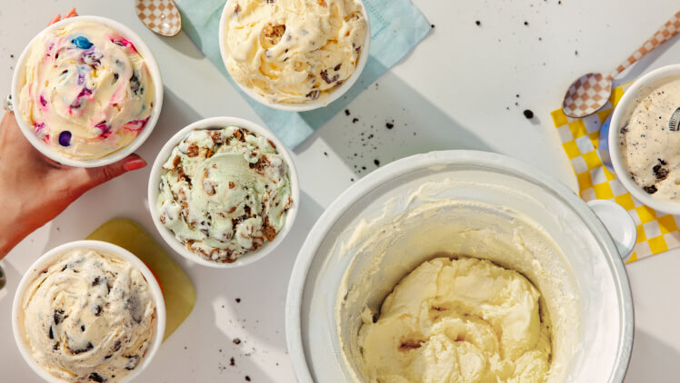 A KitchenAid® ice cream maker attachement full of ice cream seen from above