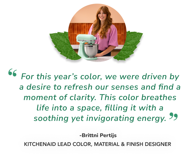 Whirlpool Designer Brittni Pertijs in front of the Spearmint Stand Mixer.
