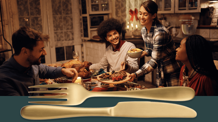 Group of friends gathered around a candlelit dinner table, with a gold napkin, fork, and knife graphic on the left