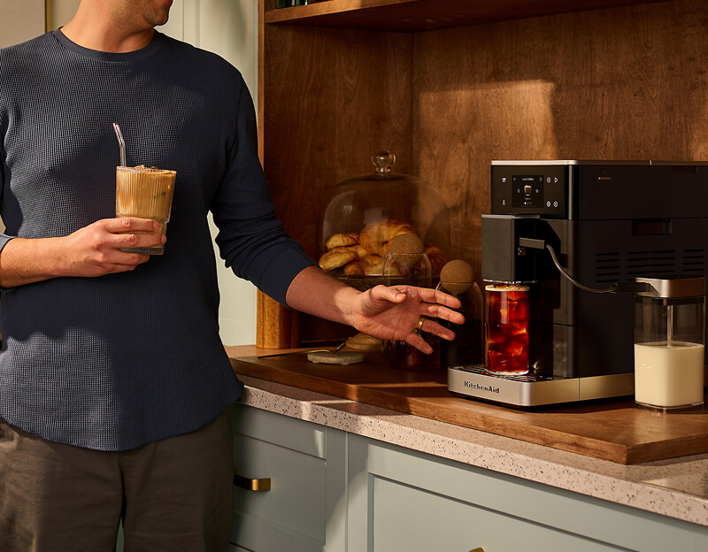A KitchenAid<sup>®</sup> espresso machine with hot and iced beverages