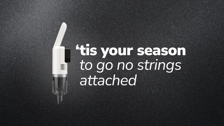 White KitchenAid Go® cordless vacuum beside the text "'tis your season to go no strings attached"