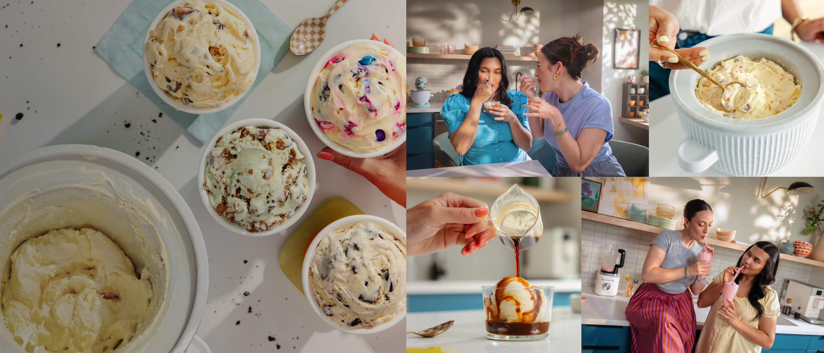 A collage of homemade ice cream and friends enjoying them together