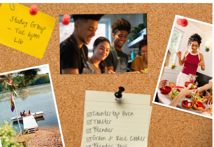 Cork board collage with an appliance checklist, a photo of a woman eating in her dorm room, KitchenAid® blender jars, blender, and a countertop oven