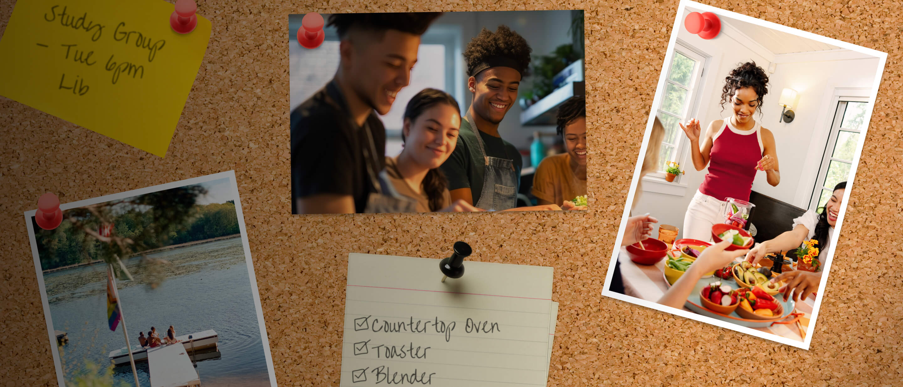 A corkboard pinned with shopping lists and photos of friends cooking together
