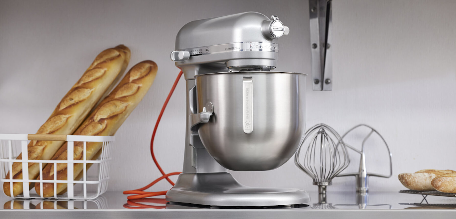 A countour silver KitchenAid commercial stand mixer