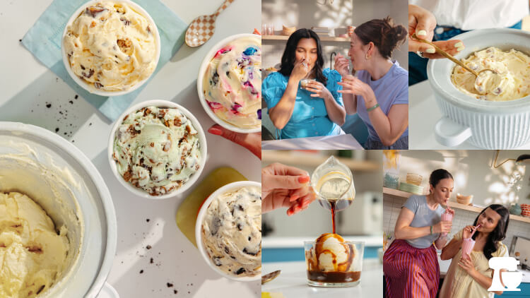 A collage of homemade ice cream and friends enjoying them together