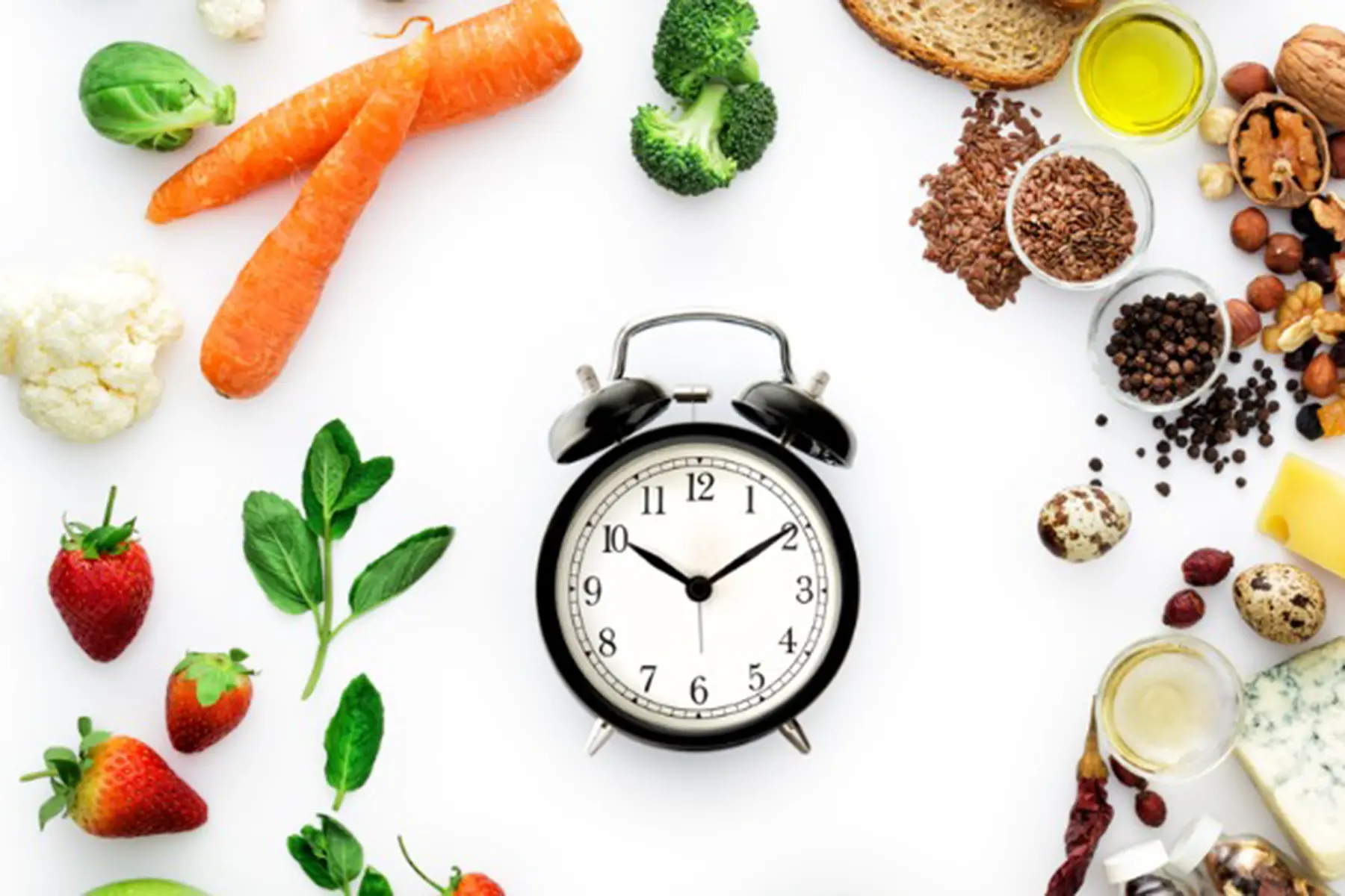 A clock surrounded by an assortment of foods.