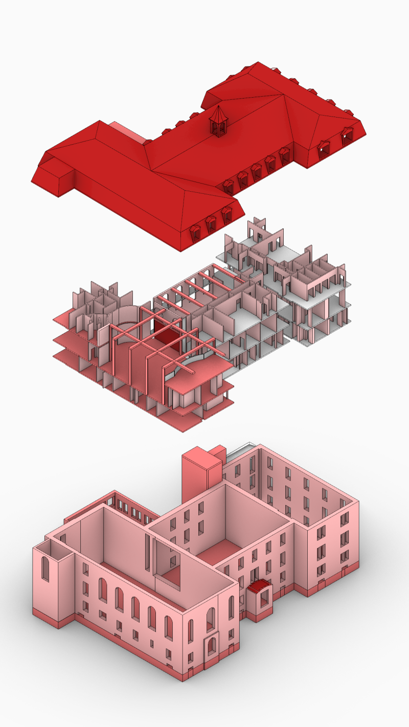 Axo éclatée L'axonométrie éclatée de l'Abbaye des Moniales Bénédictines de Joliette démontre le processus de modélisation de tous les systèmes (fondation, structure, enveloppes) composant le bâtiment existant. Les teintes de gris à rouge illustrent l'intensité carbone de chaque matériau, le rouge représentant le matériau dont l'émission est la plus élevée. Dans le cas de l'Abbaye, il s'agit de la toiture de tôle. 