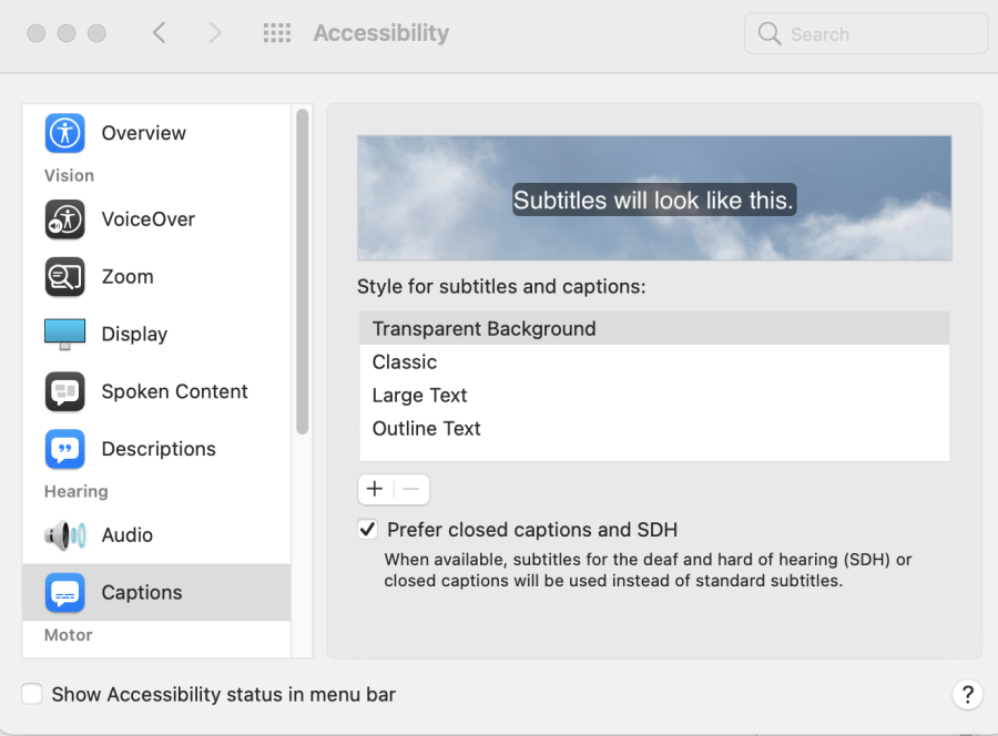 Mac Preferences - Image of the Accessibility section of a Mac's System Settings window, with the Captions option selected.