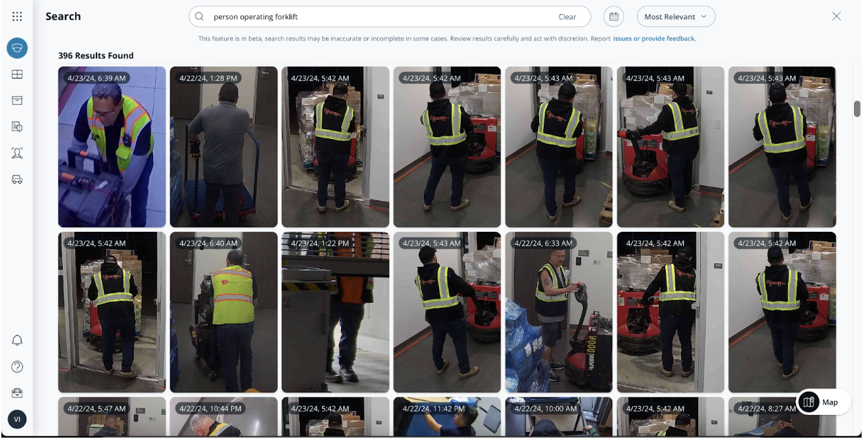 Photo of results for the query "person driving forklift" for AI-powered search blog