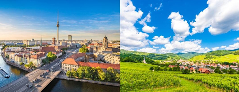 Fernarzt Magazin: Stadt, Land, Telemedizin. Titelbild mit Berlin als Großstadt und einem Dorf als ländliche Region.