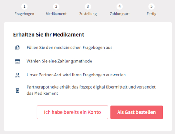 Beginn des medizinischen Fragebogens bei Fernarzt.