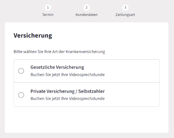 Screenshot von Fernarzt zum Prozessschritt zur Auswahl der Versicherungsart.