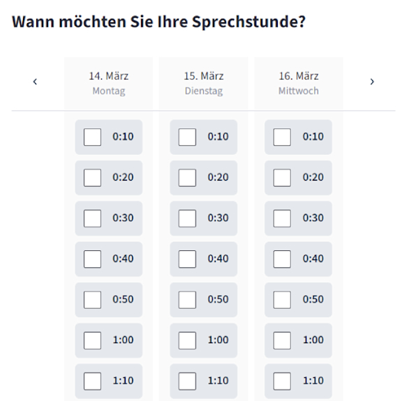 Screenshot von Fernarzt zur Auswahl eines passenden Termins.