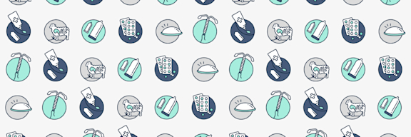 Die Geschichte der Verhütung: Header Bild mit Muster aus Icons für Kondome aus Schafsdärmen, Gummikondome, Antibabypille, Spirale, chemische Verhütung (Cremes und Zäpfchen)