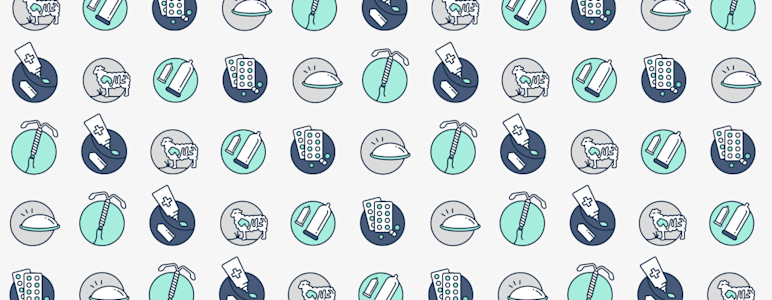 Die Geschichte der Verhütung: Header Bild mit Muster aus Icons für Kondome aus Schafsdärmen, Gummikondome, Antibabypille, Spirale, chemische Verhütung (Cremes und Zäpfchen)