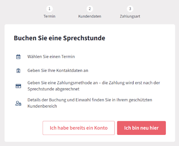 Screenshot von Fernarzt für Prozessschritt zum Buchen einer Sprechstunde.