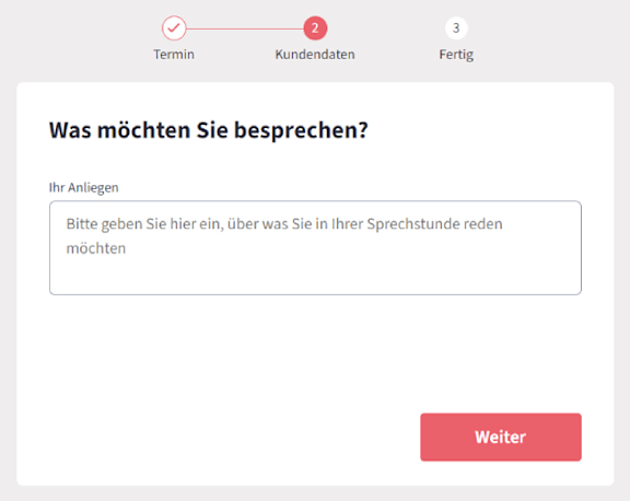 Screenshot von Fernarzt zum Prozessschritt zur Eingabe des Anliegen des Patienten.