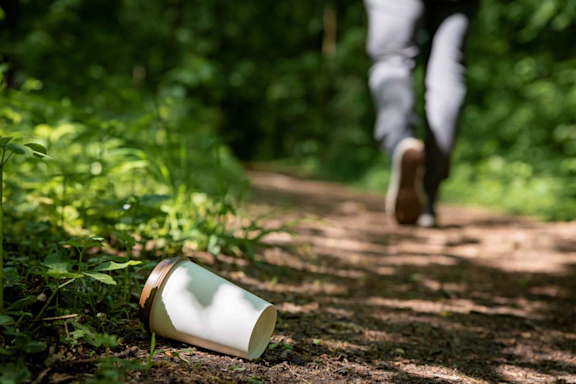 Auf dem Bild ist ein Coffee-To-Go-Becher zu sehen, der im Wald hinterlassen wurde.