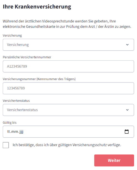 Screenshot bei Fernarzt zum Prozessschritt zur Angabe der Versichertendaten.