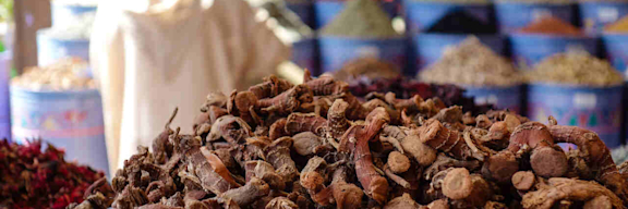 Ein großer Haufen Ginseng-Wurzeln auf einem Markt.