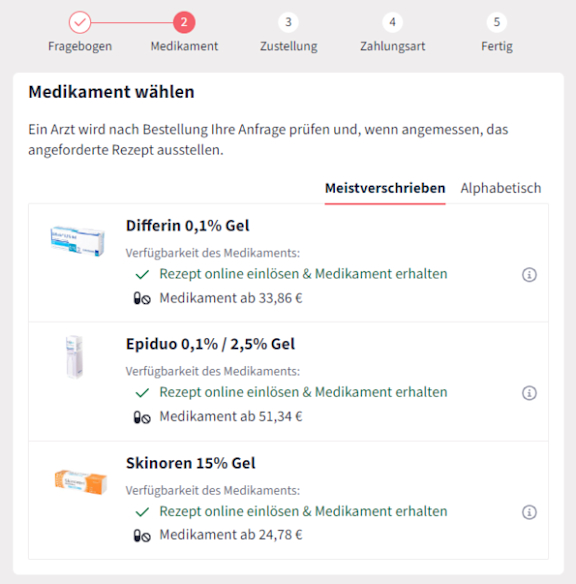 Am Ende des medizinischen Fragebogens kann ein passendes Medikament gewählt werden.