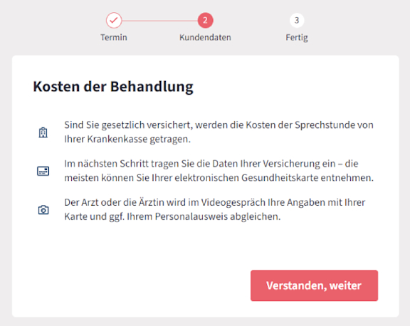Screenshot zum Prozess bei Fernarzt zur Kosteninformation zur Sprechstunde.