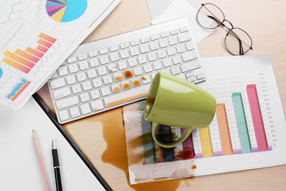 Tasse Kaffee über Computertastatur auf hölzernem Büroschreibtisch verschüttet,